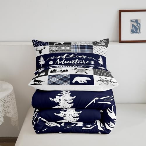 Castle Fairy Bear Print Comforter Set Queen Size,Deer Antler Animals Hunting Adventure Bedding Set for Women Adult,Pine Arrow Blue Check Plaid Vintage Luxury Bed Duvet Insert, 2 Pillowcases