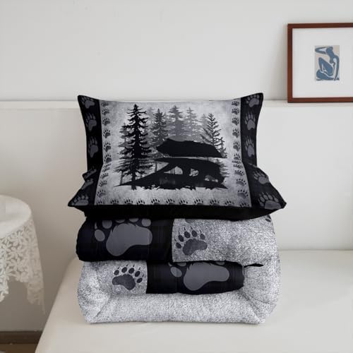 Rustic Bear Kids Comforter Set Toddler Size,Wild Animal Pine Trees Retro Bedding Set for Boys Men,Grid Plaid Hunt Cabin Decor Quilt Set Bear Paw Print Polyester Duvet Set with 1 Pillowcase, Gray