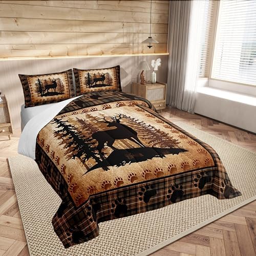 Castle Fairy Deer Bear Plaid Comforter Set King Size,Animal Hunting Bear Print Bedding Set All Season Quilt Set,Pine Trees Rustic Retro Grid Microfiber Polyester Down Comforter