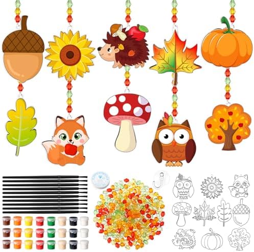 Dunzoom 30 Pcs Fall Suncatcher Craft Kit, DIY Window Art Painting Set