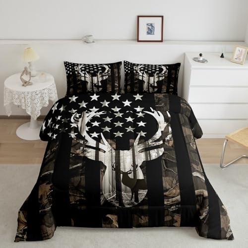 Camo American Flag Twin Comforter Set Boys,Deer Antlers Grey Camouflage Quilt Set Flags for Room Teens,Wild Animal Hunting Rustic Farm Branches Leaves Plant Stars Stripes USA Flag Bedding Set
