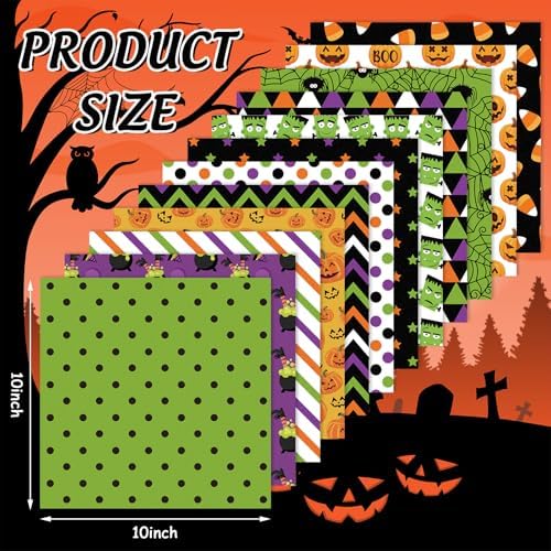 Whaline 12Pcs Halloween Cotton Fabric Bundles 10 x 10 Inch Spider Web Pumpkin Monster Fabric Squares Colorful Sewing Fabrics for DIY Craft Party Decor