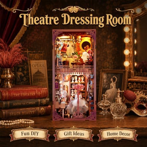 fifijoy DIY Book Nook Kit - Theatre Dressing Room DIY Miniature Dollhouse Booknook Kit for Adults, 3D Wooden Puzzle Bookend Bookshelf Insert Decor, Gift for Family, Friends (with White Light)