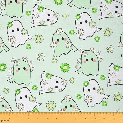 Jejeloiu Happy Halloween Fabric by The Yard Kawaii Ghost Printed Upholstery Fabric for Sewing Crafting Green Ghost Floral Waterproof Indoor Outdoor Decor for Home DIY Projects 3 Yards