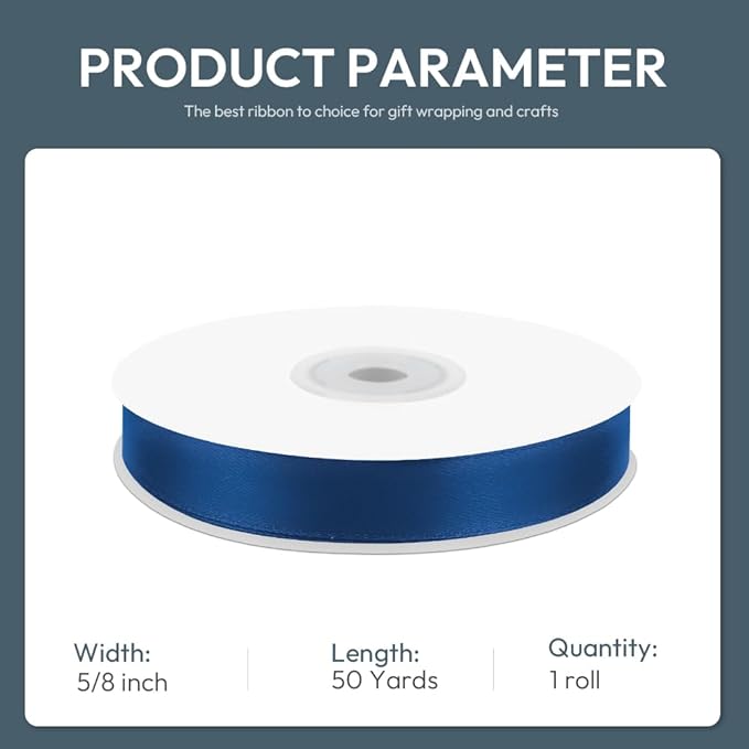 KMER LIFE 5/8" Wide x 50 Yards Navy Blue Polyester Satin Ribbon - Image 2