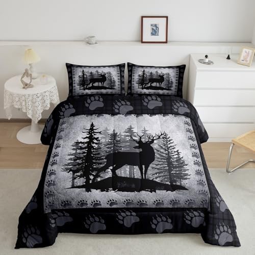 Castle Fairy Rustic Deer Plaid Kids Comforter Set Toddler Size Wild Animal Hunt Cabin Decor Bedding Set for Boys Bedroom Pine Trees Farmhouse Country Grid Quilt Set with 1 Pillowcase, Polyester