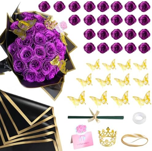CCYXSHOW Purple Glitter Flower Roses Bouquet Kit - 24 Pack DIY Fake Shiny Rose with Stems Butterfly Crown Eternal Floral for Elegance Wedding Bouquet Gift for Birthday, Valentine's Day, Mother's Day