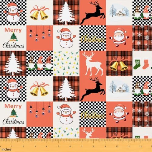 Cartoon Snowman Upholstery Fabric for Chairs | Orange Buffalo Plaid Christmas Decorations Santa Claus Outdoor Fabric by The Yard 36"x63", Christmas Gnome Xmas Snowflake Elk Deer Landscape Fabric