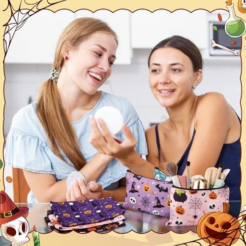Meanplan 24 Pcs Halloween Makeup Bags Bulk, Spooky Cosmetic Zipper Pouch