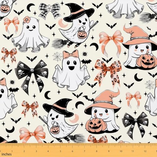 Halloween Ghost Decorations Bow Upholstery Fabric Halloween Bats Outdoor Fabric by The Yard 72"x63", Gothic Pumpkin Lantern Moon Spooky Spider Web Sugar Skull DIY Craft Hobby Polyester Fabric,Beige