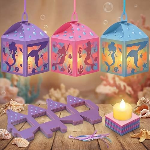 Simgoing 12 Sets Mermaid Tissue Paper Lantern Craft Kits with LED Candles