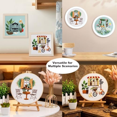 Qupace 3 Pcs Farmhouse Kits for Woman,Beginner Embroidery Kits for Adults,Garden Balcony Scene Pattern Cross Stitch, Green Themed Needlework Sewing Craft Kit