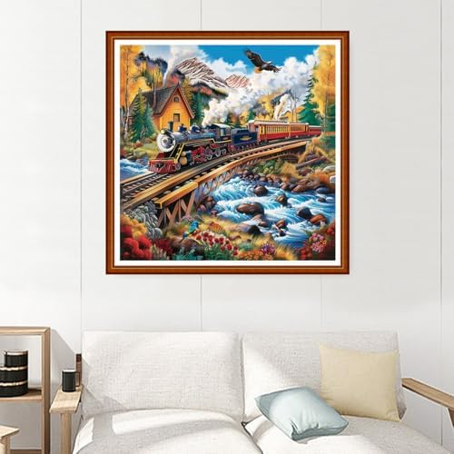 Joyhoor Stamped Cross Stitch Kits for Beginners Needlepoint Kits for Adults Embroidery Kits 11CT Counted Cross Stitch Kits Printed Embroidery Pattern-Forest Train Scenery 18x18 inchs