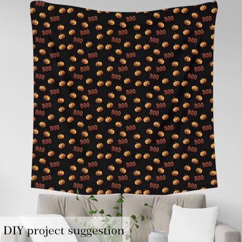 Feelyou Halloween Theme Soft Flannel Fabric by The Yard 2 Yards Kids Cute Pumpkin Lantern Upholstery Fabric for Boys Girls Teens Kawaii Black Orange for Home DIY Projects, Indoor Decor