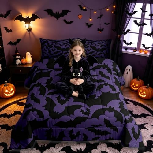 Castle Fairy Halloween Themed Bedding Comforters Queen Size,Black Bats Animal Print Comforter Set with 2 Pillowcases,Dark Purple Color 3pcs Children Adult Duvet Set,Soft