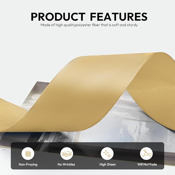 1-1/2 Inch 100 Yards Satin Ribbon Light Gold, Solid Color Fabric Ribbon - Image 3