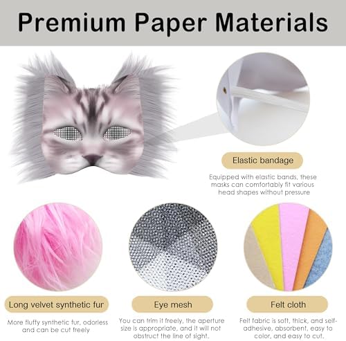 J6&H6 31 Pcs DIY Therian Mask Kit with Exclusive Funny Stickers, Blank Cat Mask,Fabric Sheet, Faux Fur and Eye Mesh Suitable for Christmas Ghost Role-Playing Parties(Grey)
