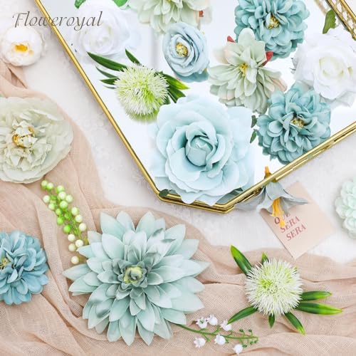 Floweroyal Artificial Flowers Combo Teal Blue Flowers Mix Silk Flowers Dahlia Roses with Stems for DIY Wedding Bridal Bouquets, Baby Shower, Floral Arrangement, Table Centerpieces, Home Decorations.