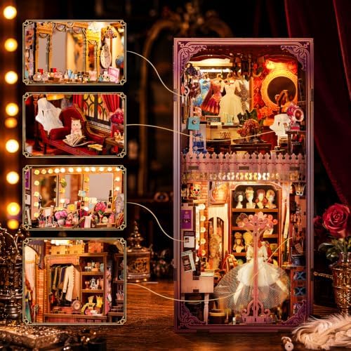 fifijoy Theatre Dressing Room DIY Book Nook Kit - DIY Miniature Dollhouse Book Nook Kit, Classic Theater 3D Wooden Puzzle Model Bookshelf Insert Decor, Gift for Craft Lovers (with Yellow Light)