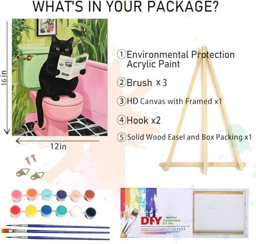 MIRCVSH Black Cat Paint by Numbers for Adults with Framed Canvas-with Wooden Easel,Paint by Number on Canvas,DIY Acrylic Oil Painting Kits with Brushes Nice Gift Box for Home Wall Decor(12x16 Inch)