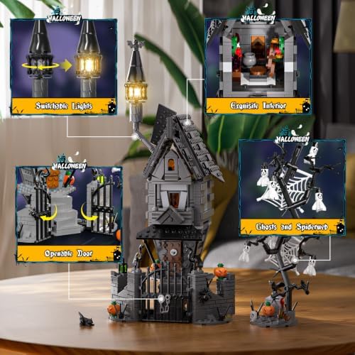 2026 Halloween Haunted Mansion Building Set,Before Xmas Haunted House Building Blocks Set with Light, Glow-in-The-Dark Pumpkins and Skeleton Ghosts, Halloween Toys Gifts for Adults & Kids