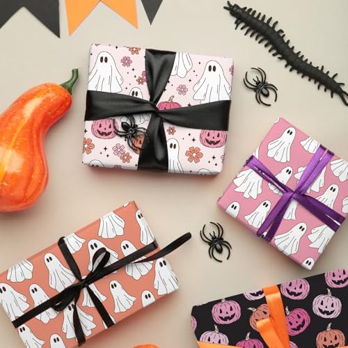 JarThenaAMCS 12 Pcs Ghost Floral Cotton Fabric Bundles 18 x 22 Inch Pumpkin Flower Fat Quarters Pink Black Holiday Sewing Fabrics for Halloween DIY Craft Party Decor