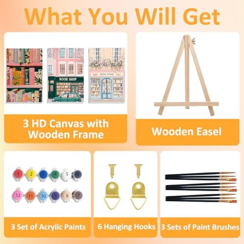 Mandun Book Shop Paint by Numbers Kit for Adults, 3 Pack, 7.8x11.8 inch