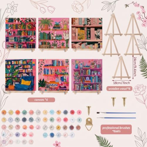 YooNotee 6 Pack Paint by Numbers Kit for Adults Pink Bookshelf Adult Paint by Number Kits for Women on Canvas Book DIY Acrylic Painting on 8x8 Inch Canvas with Wooden Easels & Brushes, Home Wall Decor