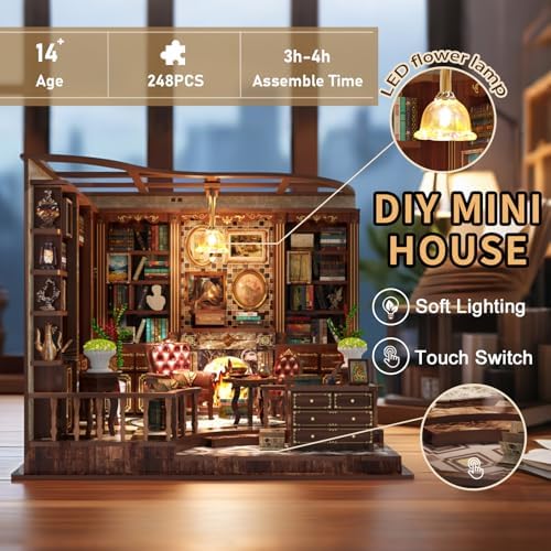 Parisian Library Book Nook DIY Kit - 3D Wooden Study Model with Touch-Sensor LED Light, Vintage Bookshelf Decor for Adults