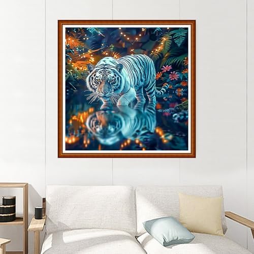 Joyhoor Stamped Cross Stitch Kits for Beginners Needlepoint Kits for Adults Embroidery Kits 11CT Counted Cross Stitch Kits Printed Embroidery Pattern-Forest White Tiger 18x18 inchs
