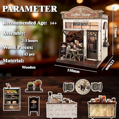 3D Wooden Coffee Shop Book Nook Kit - DIY Miniature Model with LED Lights, 143 Precision-Cut Pieces for Adults & Teens (1:24 Scale, Stress Relief Craft Gift)