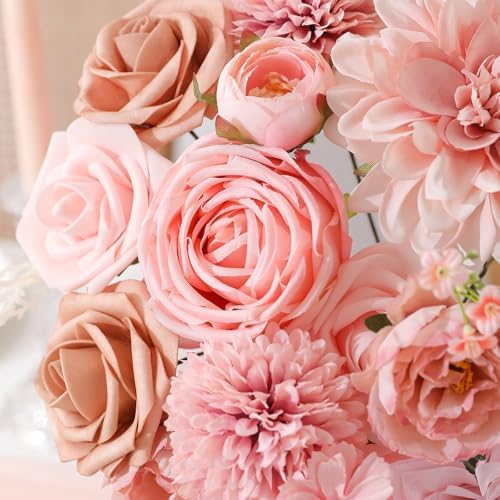 Floweroyal Artificial Flowers Fake Rose Flowers Dahlia with Stems for DIY Wedding Bridal Bouquets, Baby Shower, Floral Arrangement, Table Centerpieces, Home Decorations (Nude Color)