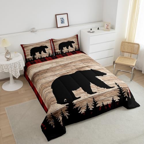 Castle Fairy Kids Bear Silhouette Twin Size Comforter Set,Wildlife Animal Trees Print Duvet Set for Kids Boys Bedroom,Red Black Plaid Retro Board Soft Microfiber Bedding Comforters,2 Pcs