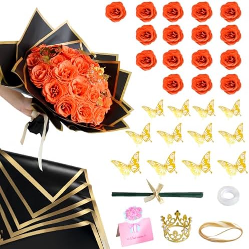 Orange Glitter Flowers Bouquet, Fake Roses Bouquet 16 Pcs DIY Glitter Rose Bouquet Kits Birthday Gifts for Women Mom Mothers Day Anniversary Graduation
