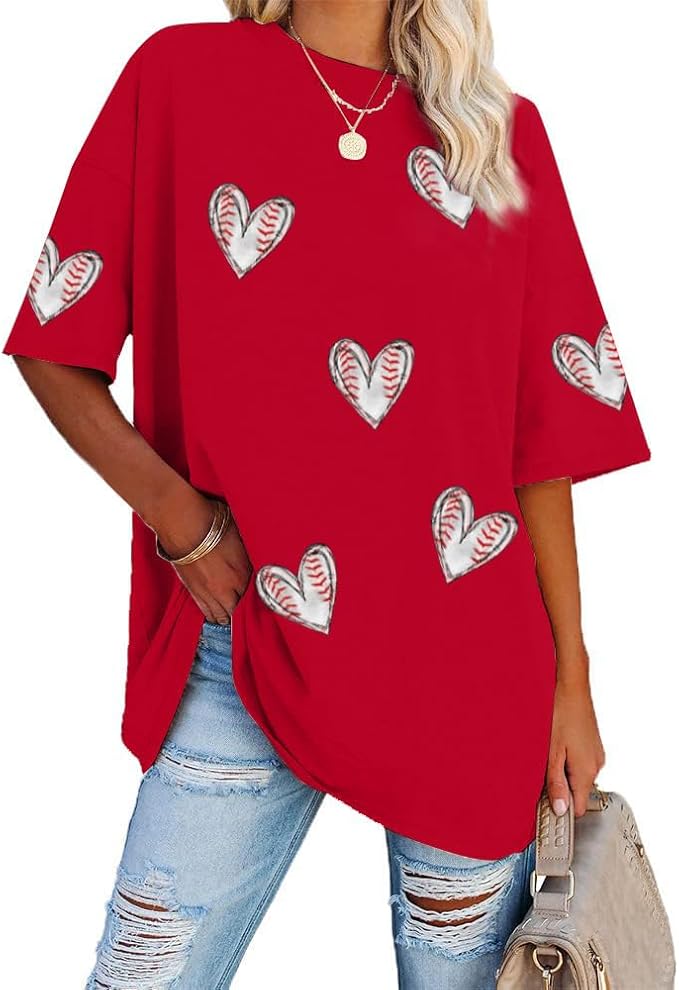 MOUSYA Baseball Shirts Women Oversized Baseball Mom Tshirt Baseball Heart Graphic Tee