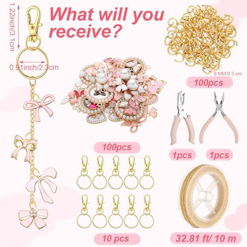 VioraWhite 213 Pcs Lip Gloss Keychain Making Kit Butterfly Purse Bag Charms 100 Pink Enamel Charms 32.81 ft Gold Chains for DIY Crafts Women