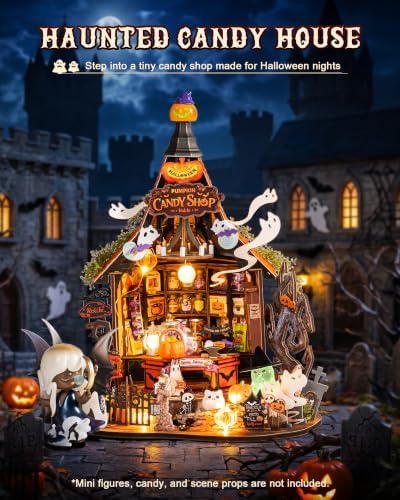 Rolife Halloween Haunted Candy House DIY Miniature House Kits with 9 LED Lights, Beginner-Friendly Tiny House Model Building Kits, Spooky Halloween Tabletop Decor, DIY Creative Hobby Gifts for Teens