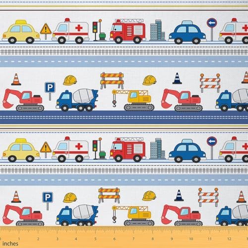 Castle Fairy Cartoon Vehicles Decorative Fabric by The Yard Ambulance Fire Engine DIY Projects Construction Vehicle Soft Polyester No Stretch,2 Yard,72" Lx59 W Blue Red Yellow