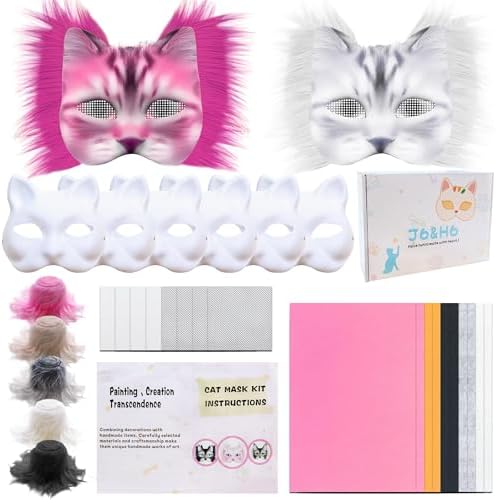 J6&H6 31 Pcs DIY Therian Mask Kit with Exclusive Funny Stickers, Blank Cat Mask,Fabric Sheet, Faux Fur and Eye Mesh Suitable for Christmas Role-Playing Parties(Pink)