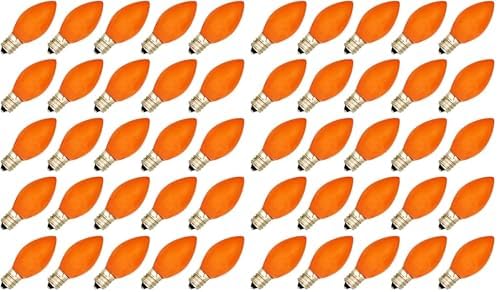 Creative Hobbies® Box of 25 Light Bulbs, Ceramic Opaque Orange, Steady Burning, 7 Watt Incandescent, C7 Candelabra Base - Great for Christmas Strings and Halloween (Pack of 2)
