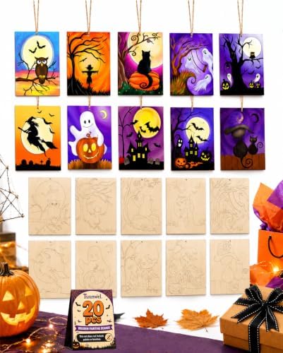 20 PCS Halloween Painting Crafts,Wooden Art Set for Party & Classroom Gifts