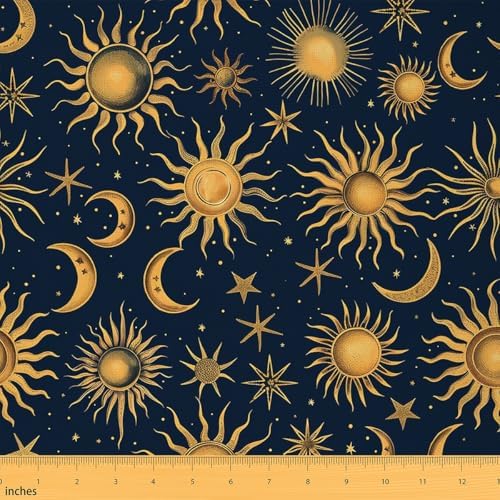 Sun Moon Fabric by The Yard,Starry Galaxy Moon Sky Soft Polyester No Stretch Fabric,Boho Exotic Decorative Fabrics,Navy Gold Crafts & Sewing Supplies,2 Yards,72" L x 59" W