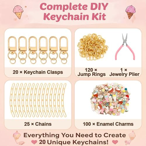 Tondiamo 266 Pcs Ice Cream Party Favor DIY Keychain Making Kit Summer Party Charm Jewelry Making Craft with 120 Charm 20 Keychain Clips 120 Jump Ring 25 Extender Chain Plier for Women Gift
