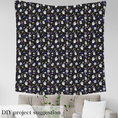 Feelyou Halloween Theme Soft Flannel Fabric by The Yard 5 Yards Kids Cute Ghost Sugar Skull Upholstery Fabric for Boys Girls Kawaii Bone Flower Floral for Home DIY Projects, Indoor Decor