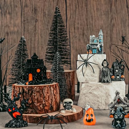 YLOLUL 30 Pcs Halloween Village Ornaments Accessories Figurines Town Miniatures Include Trees Pumpkins Black Dog Crows Skeletons Houses Wizard Bat for Halloween Village & Party Table Decorations