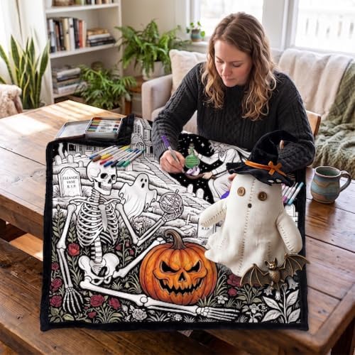 Treeswift Halloween DIY Coloring Blanket Kit with 24 Markers - Spooky Craft