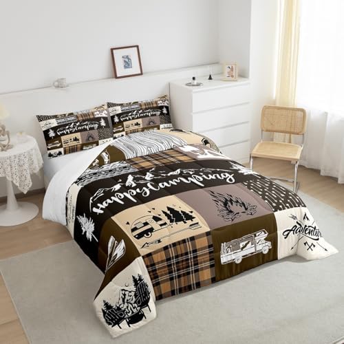 Castle Fairy Happy Camping Comforter Set King Size,RV Camper Adventure Tent Patchwork Bedding Set All Season Quilt Set,Rustic Farmhouse Lake Cabin Brown Check Microfiber Polyester Down Comforter
