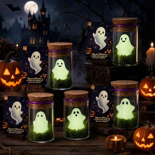 20PCS Halloween Ghost Wish Bottles Kit, Glow in The Dark Mini Ghost Jar Decorations with Decorative Moss, Cards, Tweezers & Twist Ties, Cute Spooky Party Favors and Halloween Gifts