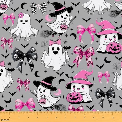 Bow Ghost Halloween Decor Upholstery Fabric for Chairs | Halloween Bats Fabric by The Yard 109"x63", Gothic Moon Pumpkin Lantern Goth Witch Hat Skeleton Spider Web Sewing Fabric DIY Projects,Grey
