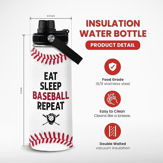 Baseball Water Bottle 32 Oz - Insulated Stainless Steel Sport Bottles with Lid - Baseball Men Players Fan Coach